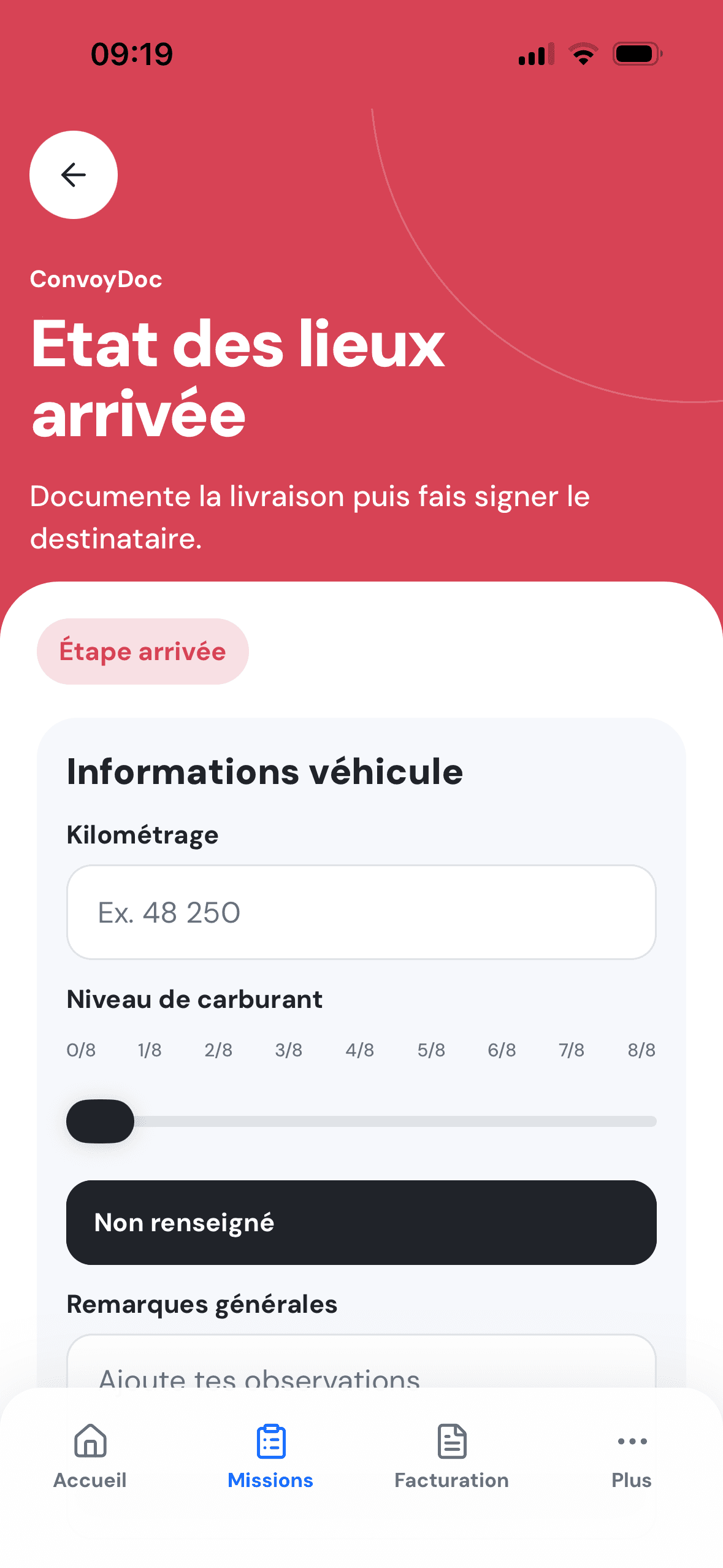 État des lieux d'arrivée dans ConvoyDoc